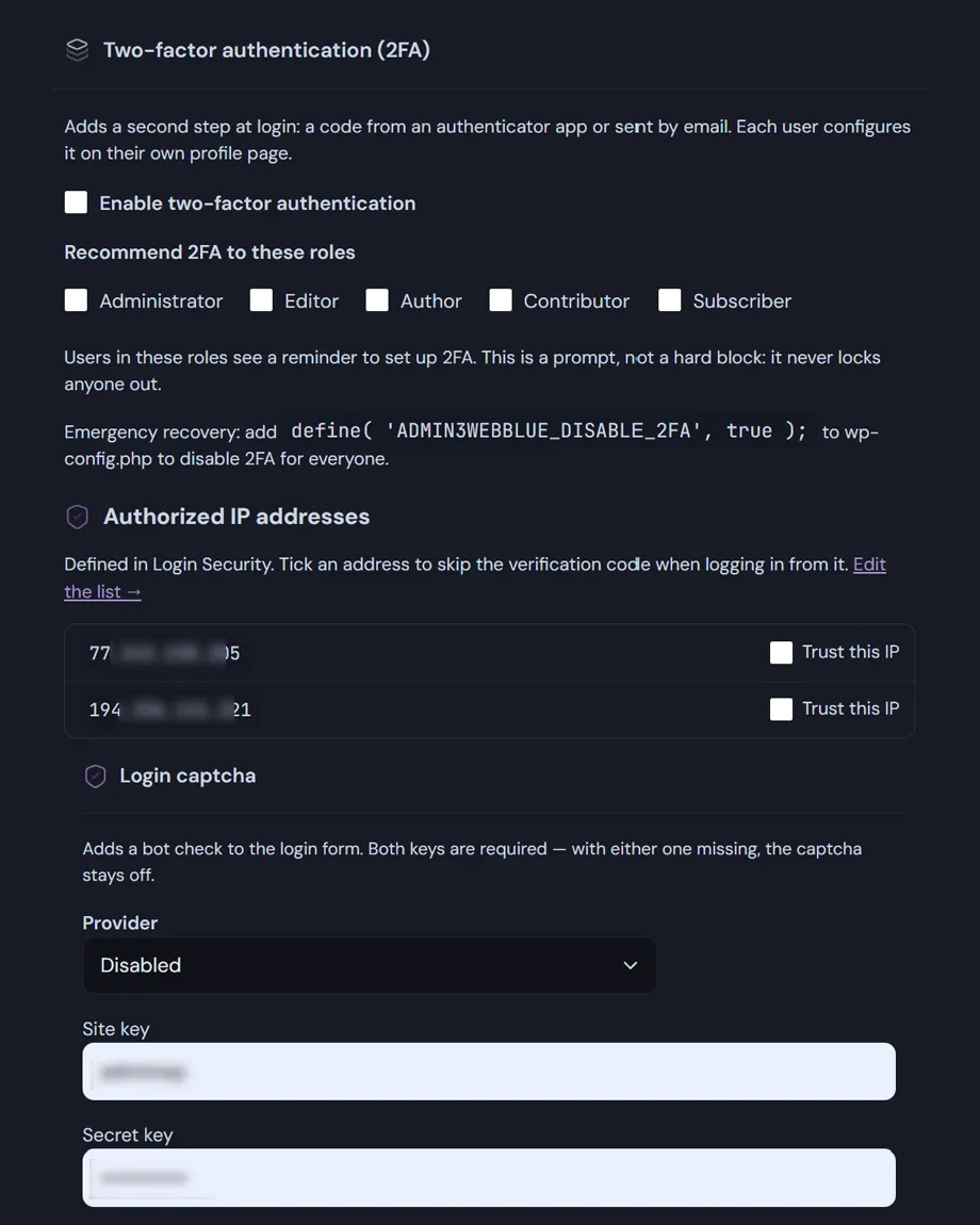 Two factor authentication for WordPress screen settings.