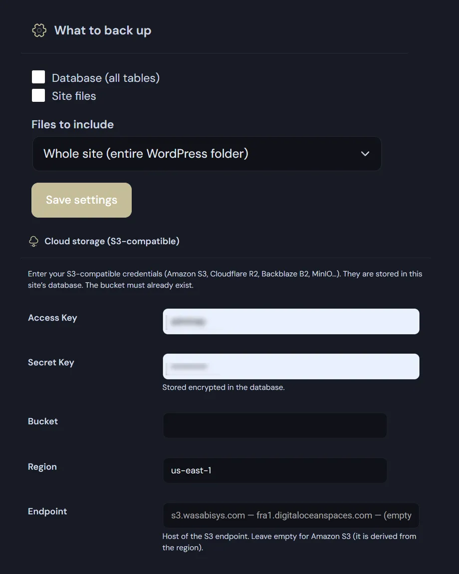 WordPress Backup to S3 settings