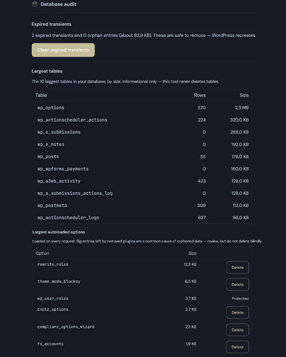 WordPress database cleanup screenshot