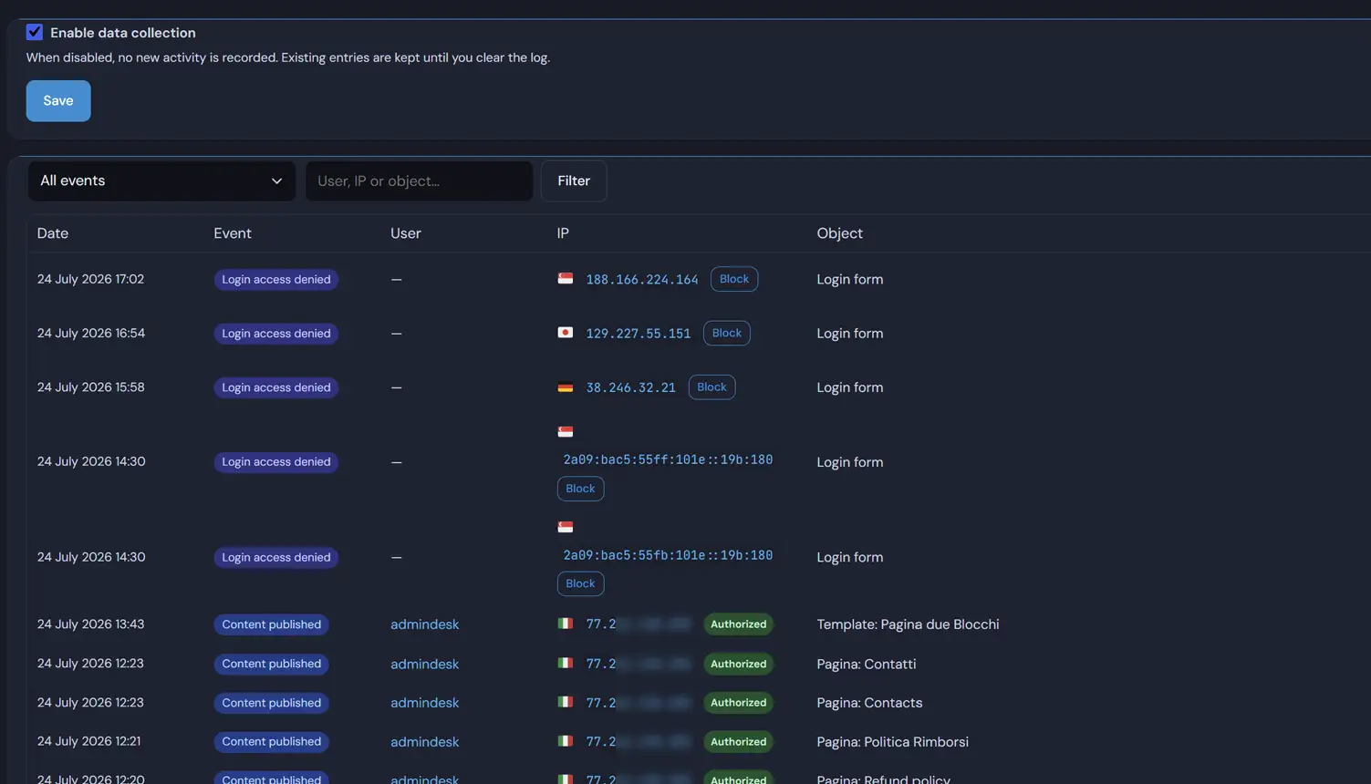 Deskmode Pro Suite documentation: The activity log with user, action and time