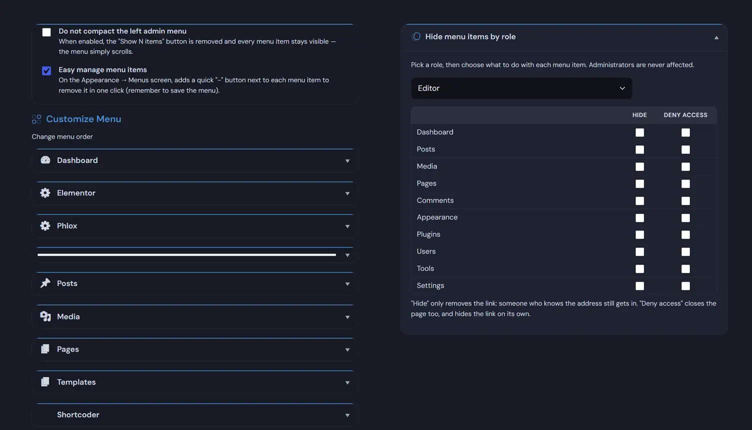 Deskmode Pro Suite documentation: The menu customization screen