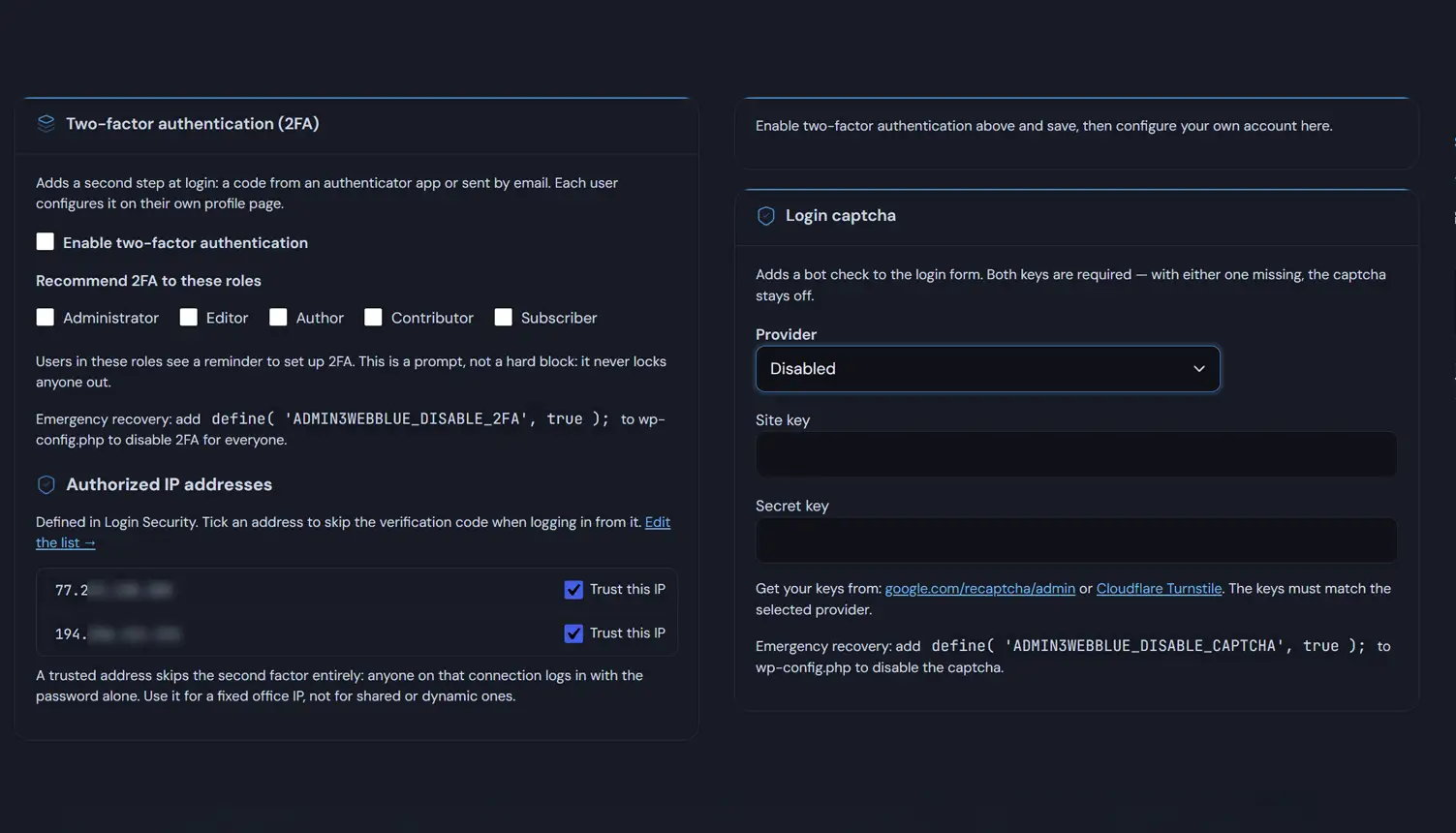 Deskmode Pro Suite documentation: The two-factor authentication settings screen