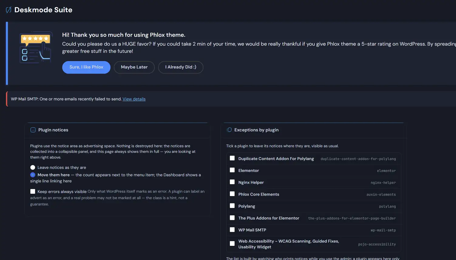 Deskmode Pro Suite documentation: The notices and advertising settings