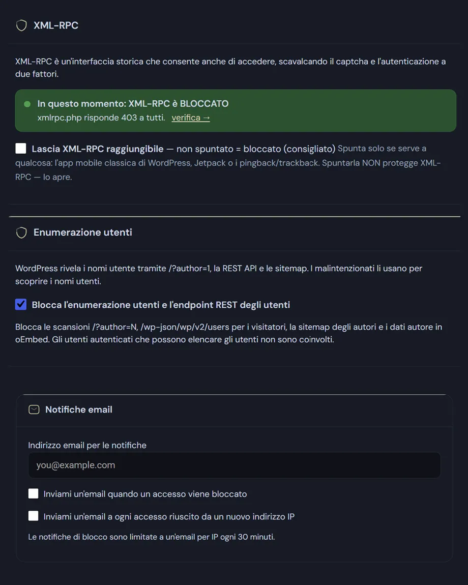 Hardening WordPress. Le impostazioni di hardening di Deskmode, con l'interruttore XML-RPC, il blocco dell'enumerazione utenti e lo slug di accesso personalizzato.