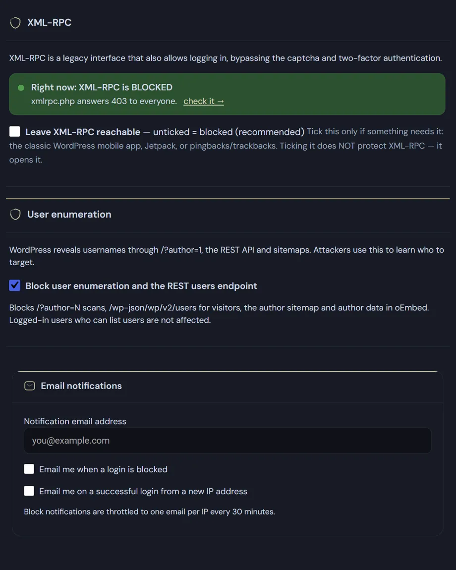 WordPress hardening: The Deskmode hardening settings, showing the XML-RPC switch, the user enumeration block and the custom login slug.