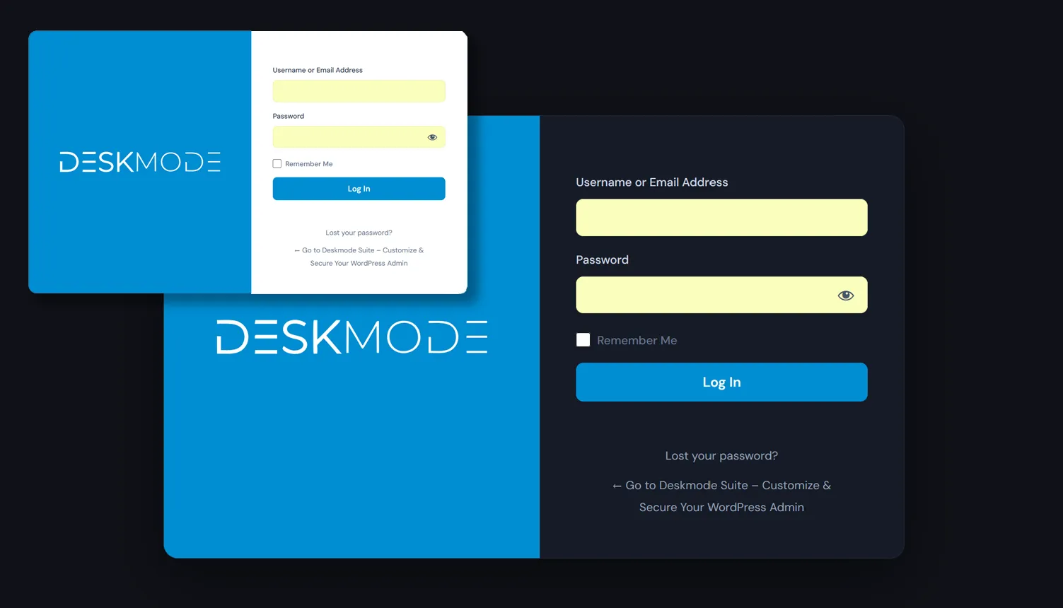 Deskmode Pro Suite documentation: The customized login page in both light and dark versions