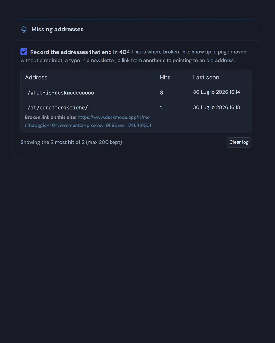WordPress 404 monitor settigs