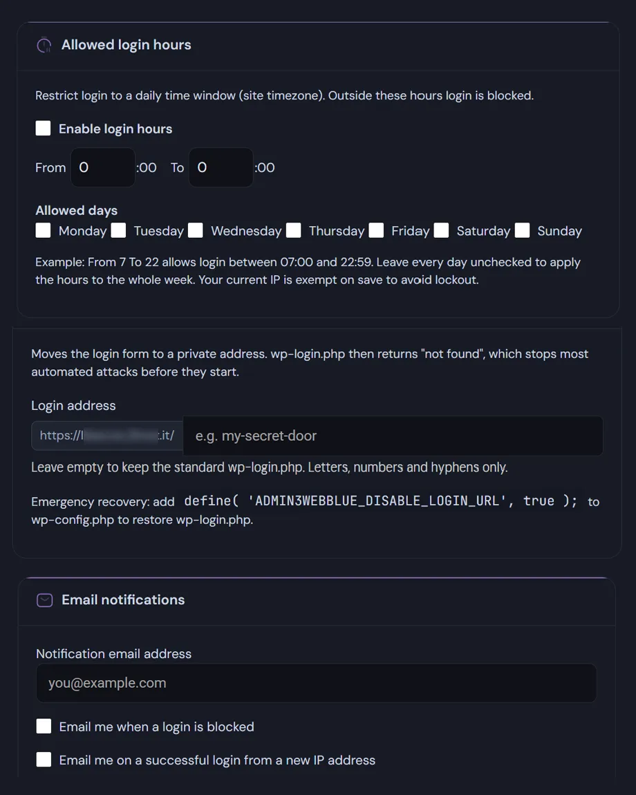 Change WordPress login URL: the Login options screen in Deskmode, showing the custom login slug and the login hours settings.