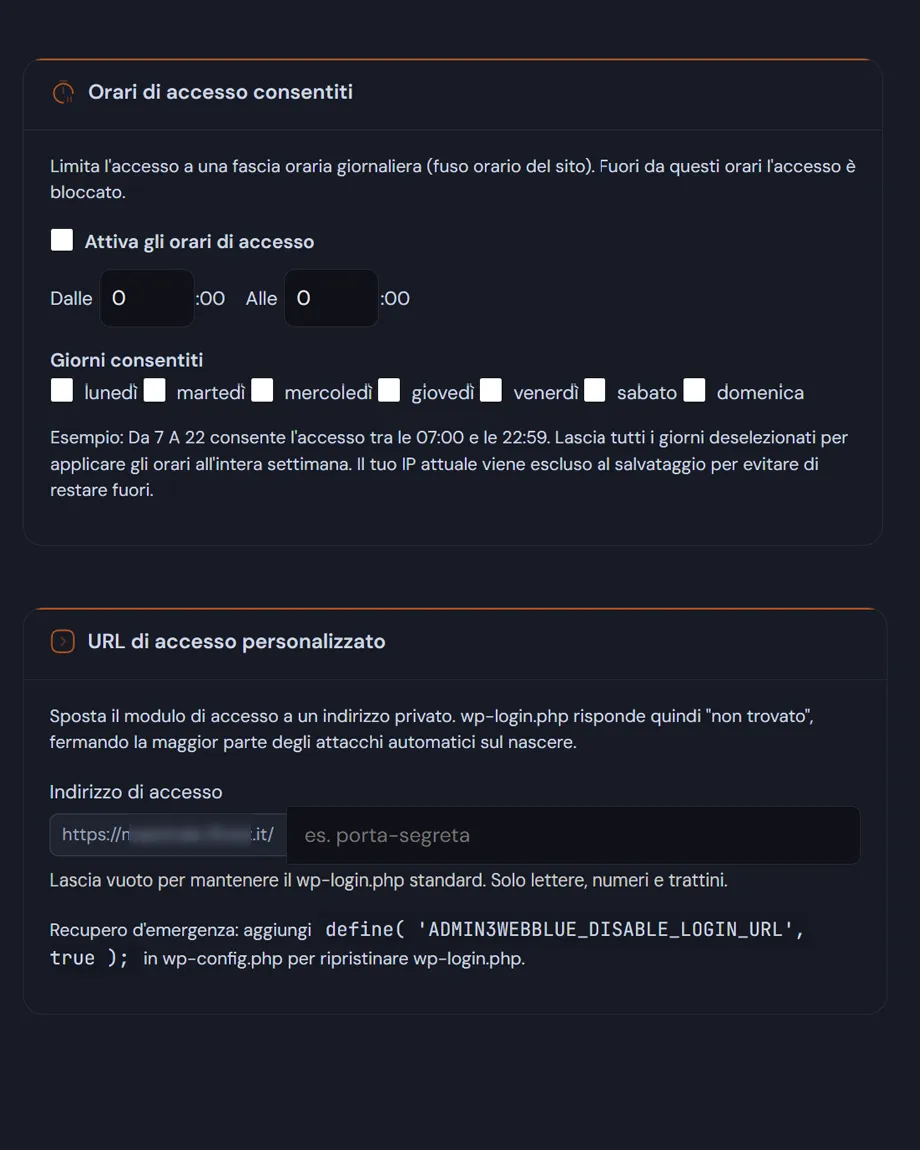 Cambiare URL login WordPress: la schermata Opzioni login di Deskmode, con lo slug personalizzato, i campi del marchio, gli orari di accesso e i redirect per ruolo.