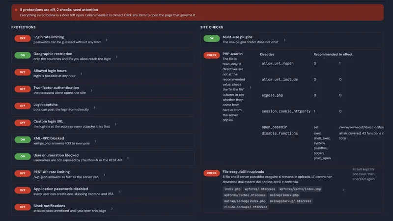 Deskmode Pro Suite documentation: The security summary screen with every protection marked on or off and the three site checks