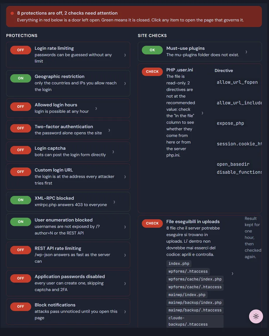 Riepilogo sicurezza WordPress: la schermata di Deskmode, con ogni protezione segnata come attiva o spenta e sotto i tre controlli sul sito.